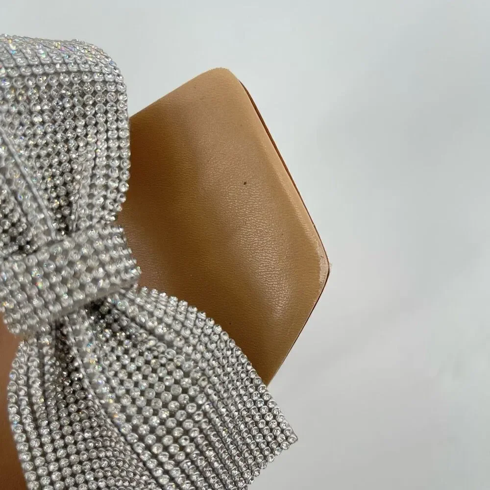 Schutz Mila Glam Heels 9.5 Rhinestone Bow 4” Heel Ankle Strap Square Toe